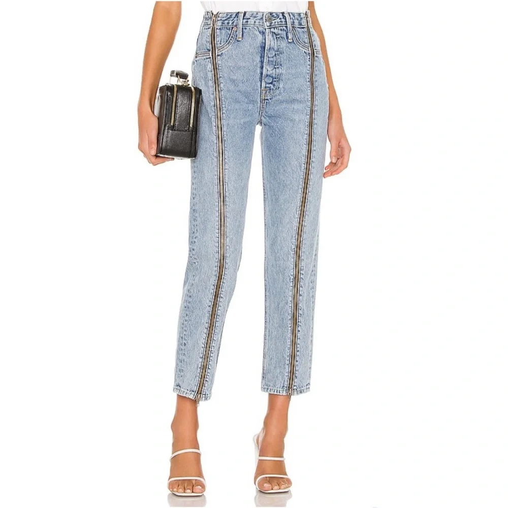 GRLFRND long leg zipper down the line ANDREA straight leg high rise BLUE JEANS - Picture 1 of 14